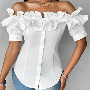 ChicMe White Elegant Event Off Shoulder Ruffled Buttoned Blouse